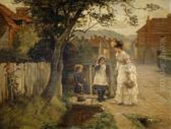 Woman And Children On A Village Street Oil Painting by Arthur Verey