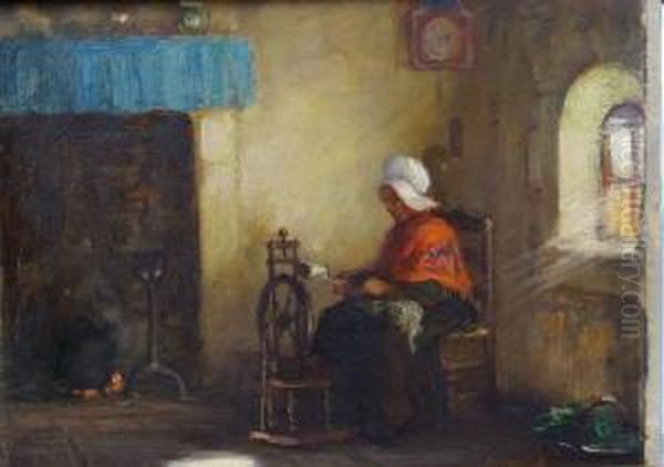 La Femme Au Rouet Oil Painting by Jean-Antoine-Armand Vergeaud