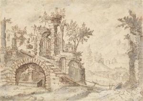 A Landscapewith A Ruin And A Well Oil Painting by Tobias van Haecht (see Verhaecht)