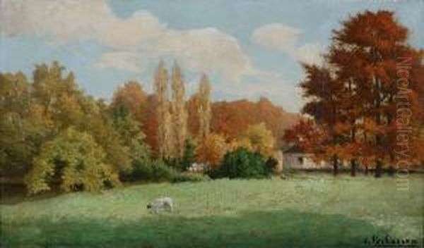 Bebost Landschap Met Kippen En Geit Voor Hoeve Oil Painting by Alfred Verhaeren