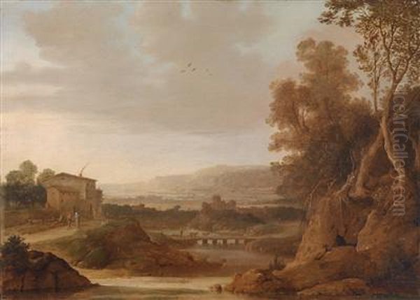 Southern River Landscape With Bridge And Shepherd Group Oil Painting by Dirck Verhaert