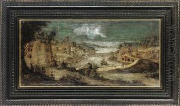 A River Landscape With Figures On A Track, A Town Beyond Oil Painting by Dirck Verhaert