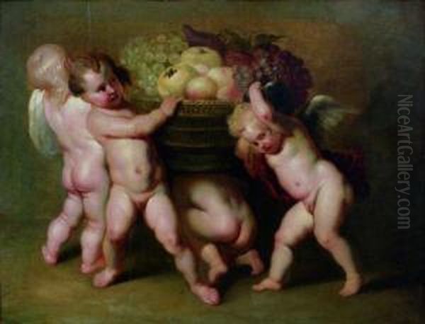 Putti Autour D'une Corbeille De Fleurs Oil Painting by Pierre Joseph Verhaghen