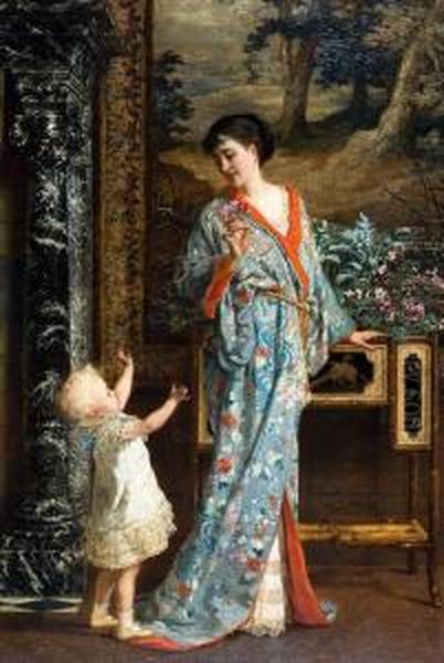 Vrouw In Chinese Kimono En Kind Oil Painting by Frans Verhas