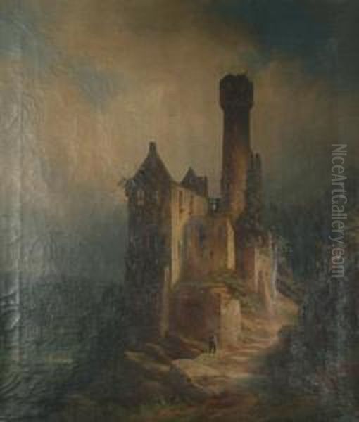 A Traveller Outside A Ruined Castle, With A River Scene In The Background. Oil Painting by Theodor Verhas