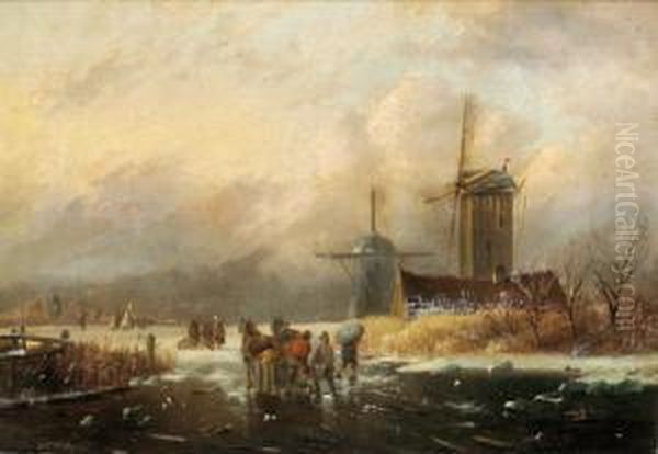 Dutch Winter Landscape Oil Painting by Hendrik Frederik Verheggen