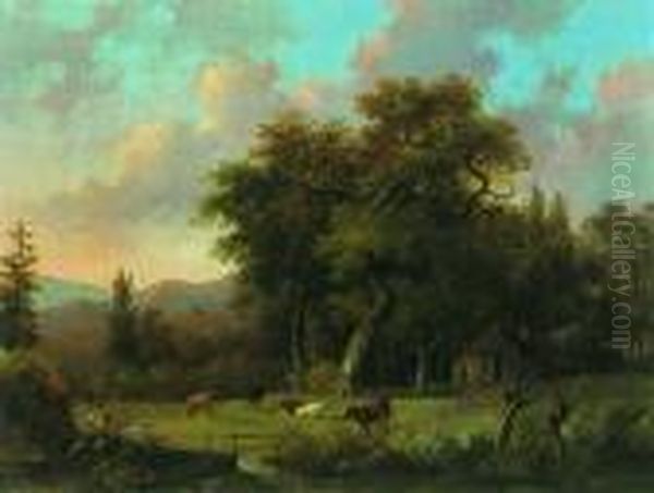 Hirte Mit Schafen Und Kuhen Am
 Waldbach. Oil Painting by Hendrik Frederik Verheggen