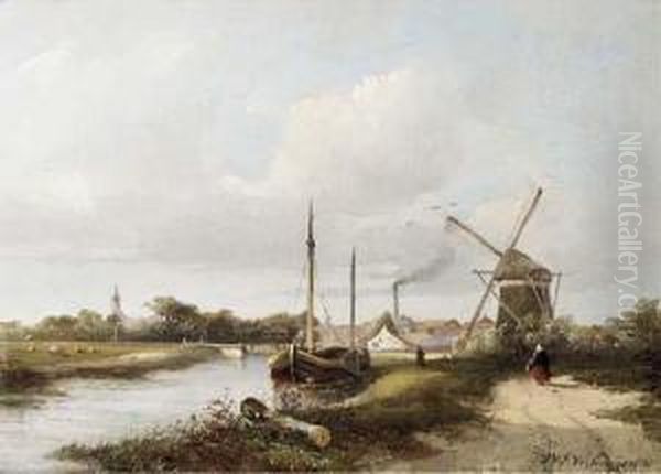 A View Of A Town By A River Oil Painting by Hendrik Frederik Verheggen