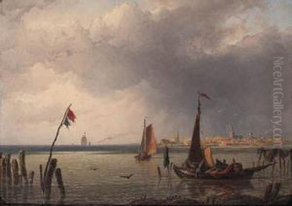 Fishingboats In Inland Waters, A Storm Approaching In Thedistance Oil Painting by Hendrik Frederik Verheggen