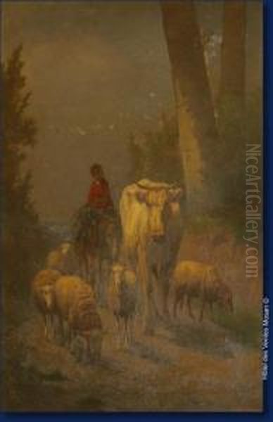 Troupeau Et Sa Vachere Oil Painting by Valere Verheust