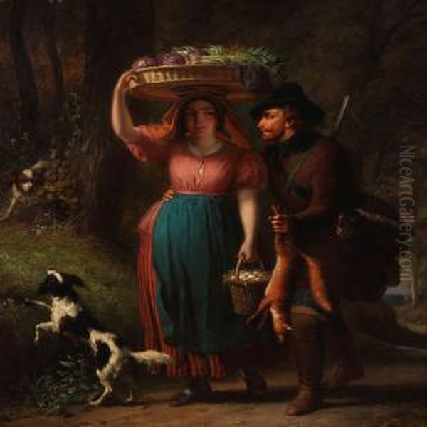 A Hunter Is Flirting With A Girl On Her Way To The Market With Vegetables And Eggs Oil Painting by Francois Verheyden