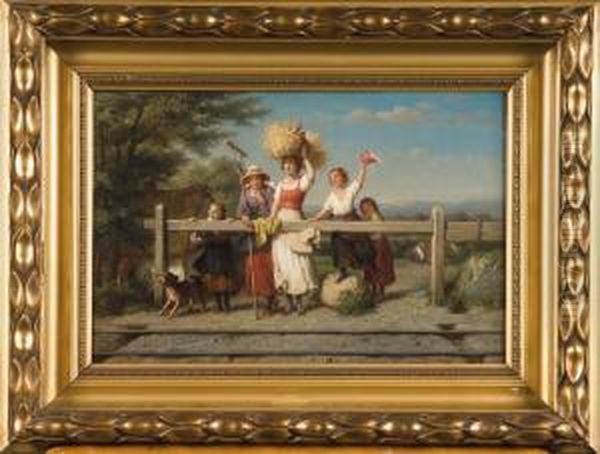 Jeunes Filles Au Passage Du Train Oil Painting by Francois Verheyden