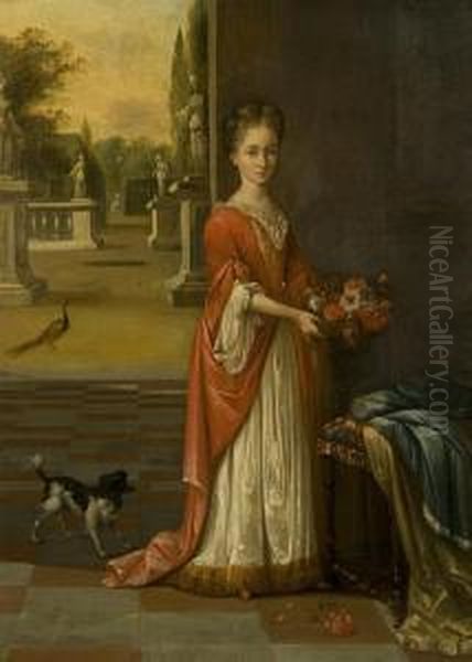 Portrait Of A Young Girl, Full-length, In A White Dress And Red Gown, Holding A Small Basket Of Flowers, Standing Before A Terrace Oil Painting by Mattheus Verheyden