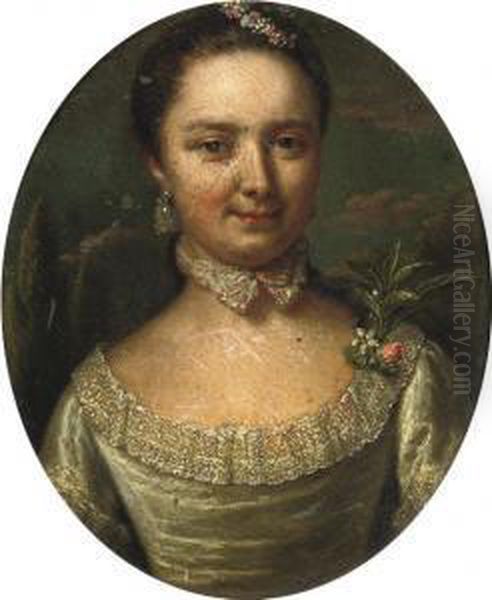 Portrait Of A Lady, Half-length, In A Green Dress With Floral Decoration, Standing In A Park Landscape Oil Painting by Mattheus Verheyden