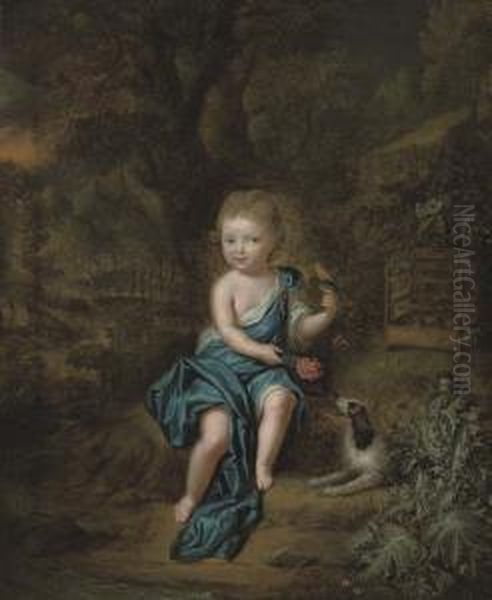 Portrait Of A Young Boy, Small Full-length, In A Blue Mantle Fastened At His Shoulder With A Jewel, A Canary Perched On His Left Hand, A Spaniel At His Side, In A Landscape Oil Painting by Mattheus Verheyden