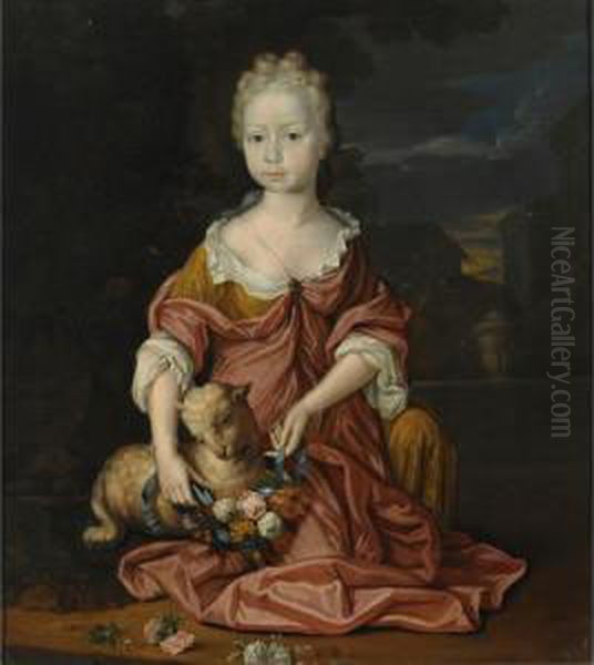 A Portrait Of A Young Girl, Seated Full-length, Wearing A Yellow And Red Satin Dress, Dressing Up A Sheep With A Flower Garland, In A Formal Garden Oil Painting by Mattheus Verheyden