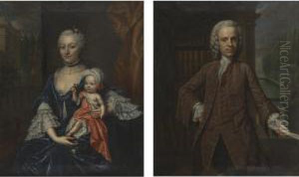 Portrait Of A Man And Portrait Of A Woman Holding A Child: A Pair Oil Painting by Mattheus Verheyden