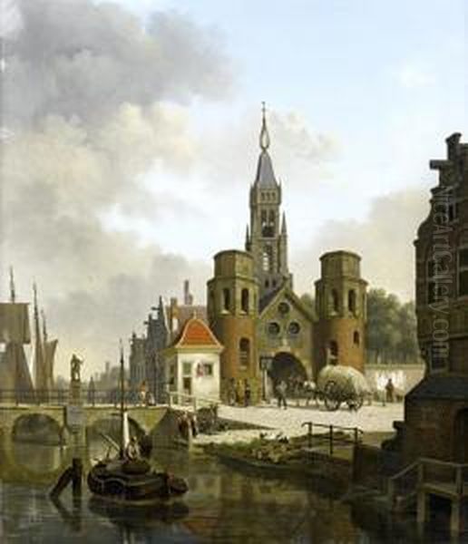 Figures In A Canalside Town Oil Painting by Jan Hendrik Verheijen