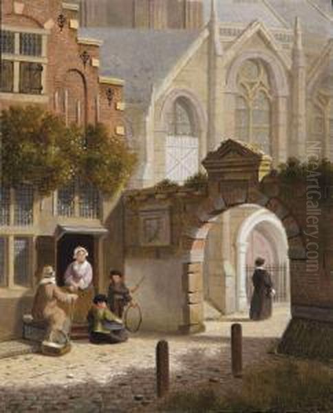 Children Playing Near A Towngate Oil Painting by Jan Hendrik Verheijen