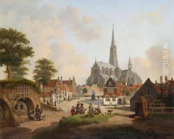 Dutch City View With Card Players Oil Painting by Jan Hendrik Verheijen