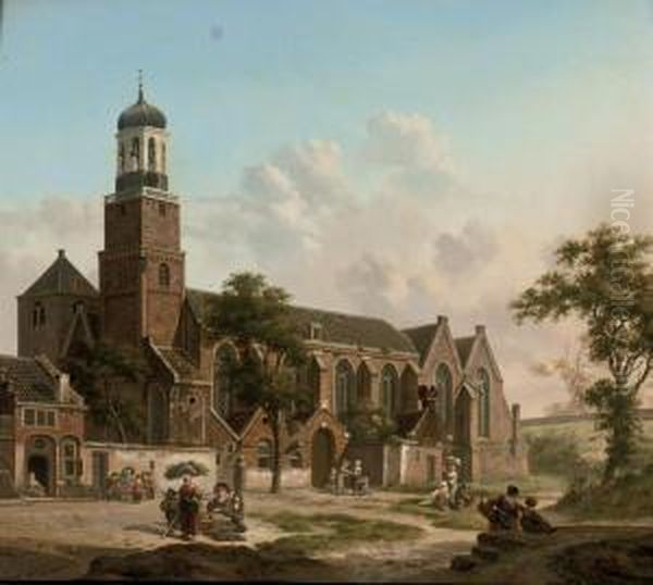 Townspeople Near The Nicolaikerk, Utrecht Oil Painting by Jan Hendrik Verheijen