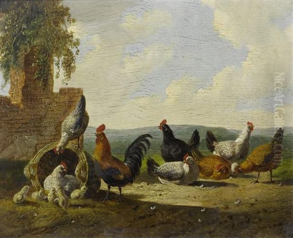 Hens In A Field Before A Ruin Oil Painting by Albertus Verhoesen