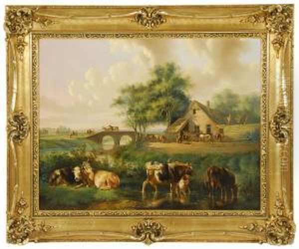 Dutch Farmyard With Cattle Oil Painting by Albertus Verhoesen