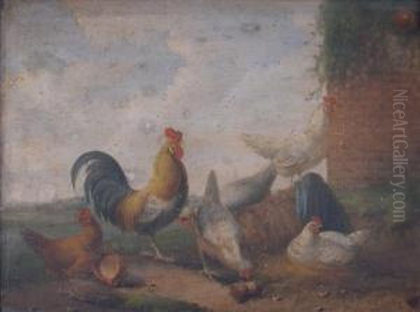 Acockerel And Hens In A Farmyard Oil Painting by Johannes Marinus Azn Verhoesen