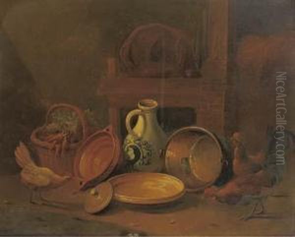 Barn Interior With Poultry By Baskets And Pots Oil Painting by Johannes Marinus Azn Verhoesen