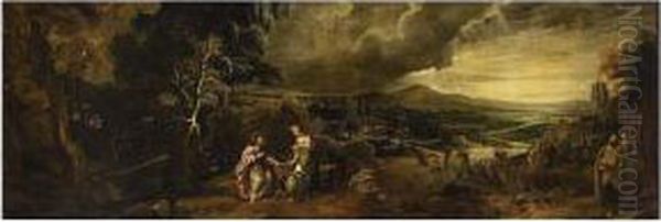 An Extensive Wooded River Landscape With Christ And The Woman Of Samaria Oil Painting by Johannes Marinus Azn Verhoesen