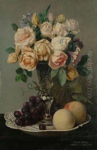 Still Life Of Flowers In A Glass Vase Standing On A Plate Oil Painting by Adrien Joseph Verhoeven-Bell