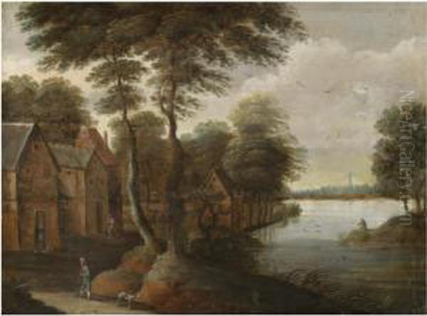 A River Landscape With Figures In The Foreground And A Fisherman On The Right Bank Oil Painting by Antoine Pierre Verhulst