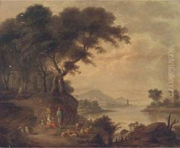 A Wooded River Landscape With Figures And Sheep, A Townbeyond Oil Painting by Antoine Pierre Verhulst