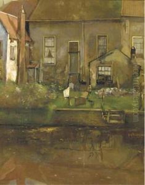 Achtergracht Te Amersfoort: A View Of Gables On A Canal Oil Painting by Herman Verkerk