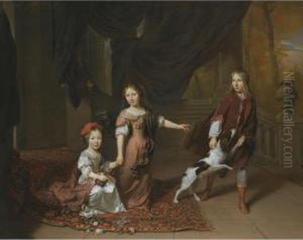 A Portrait Of Two Sisters And Their Brother Playing With A Dog Oil Painting by Jan Verkolje