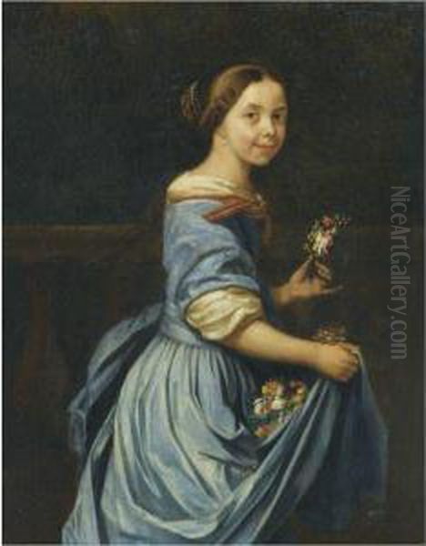 Portrait Of A Lady, Three Quarter Length, In A Blue Dress With Anarmful Of Flowers Oil Painting by Jan Verkolje