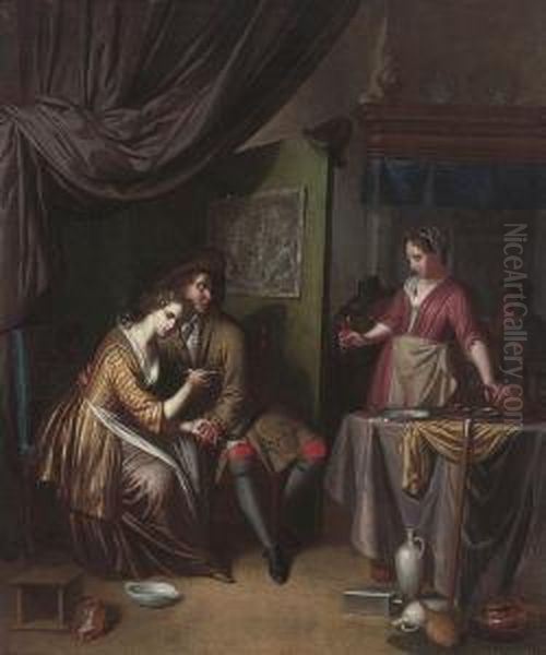 An Amorous Couple Being Offered A Glass Of Wine By A Woman In A Tavern Interior Oil Painting by Jan Verkolje