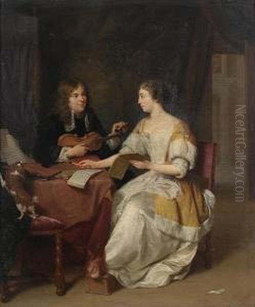 An Elegant Couple Making Music In Aninterior Oil Painting by Jan Verkolje