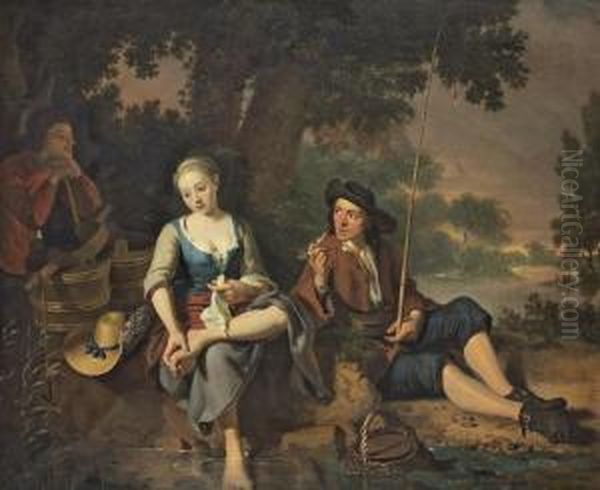 A Fisherman And A Milkmaid Resting On A River Bank Oil Painting by Nicholas Verkolje