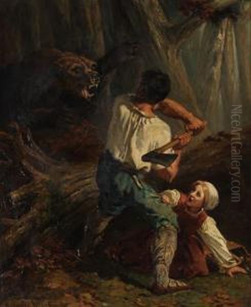 Bear Attack Oil Painting by Charles Verlat