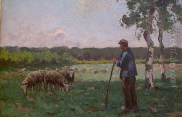 A Shepherd And His Flock Oil Painting by Andries Verleur