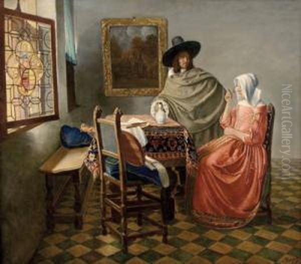 Herr Und Dame Beim Wein Oil Painting by Johannes Vermeer