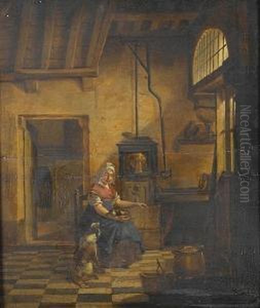 An Interior With A Young Woman Warming Herself Beside A Stove With A Dog On Her Lap And Another At Her Feet Oil Painting by Johannes Vermeer