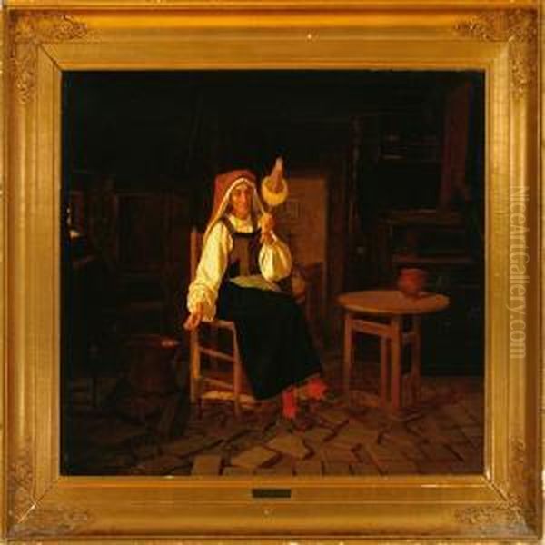 A Countrty Interior With An Elderly Woman Oil Painting by Frederik Vermehren