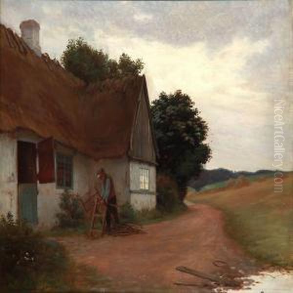 A Farmer Cutting Firewood In Front Of A Thatched Cottage Oil Painting by Gustav Vermehren