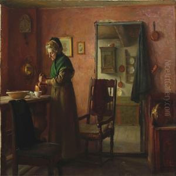 Interior With Farmer's Wife Oil Painting by Gustav Vermehren