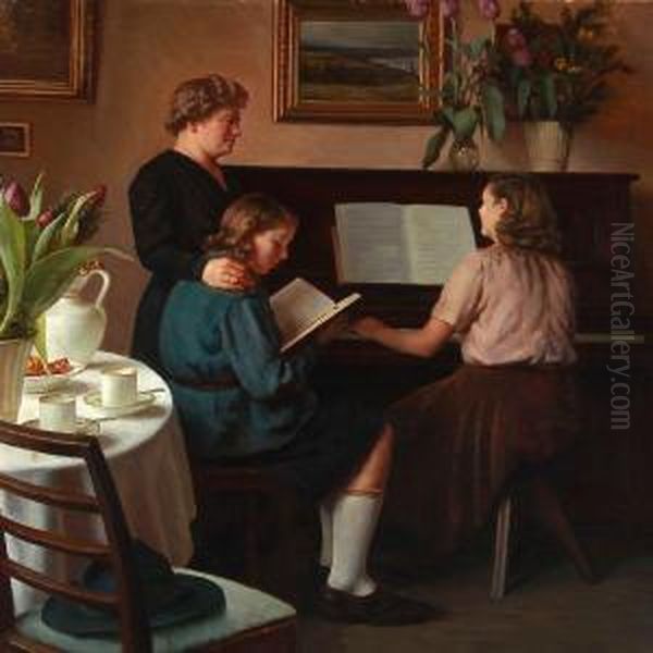 A Piano Lesson Oil Painting by Sophus Vermehren