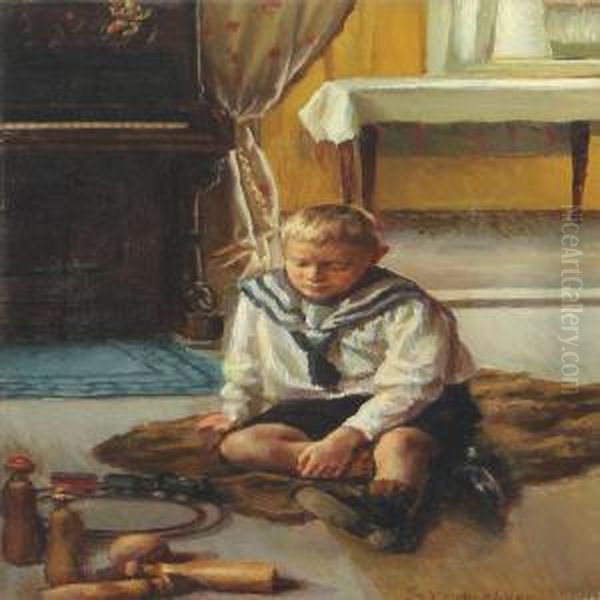 Boy Playing With His Model Train Oil Painting by Sophus Vermehren