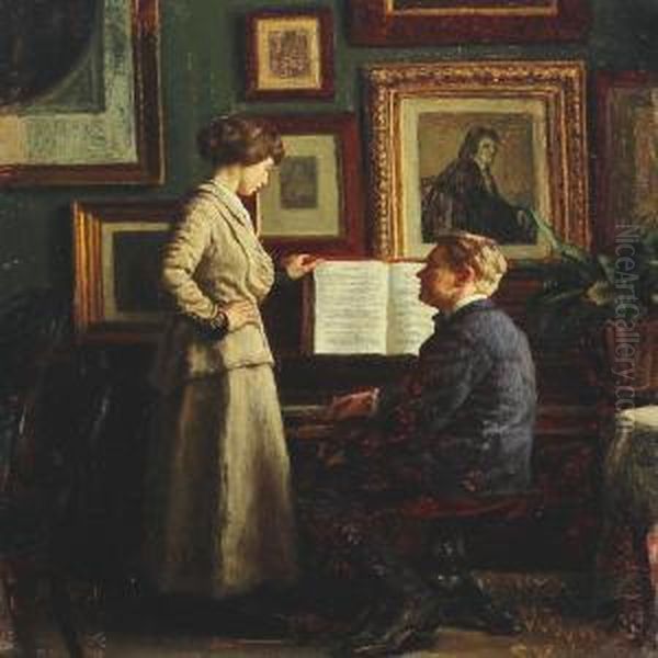 Interior With Woman And Man By A Piano Oil Painting by Sophus Vermehren