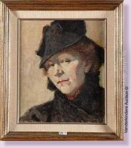 Portrait De Femme Au Chapeau Noir Oil Painting by Geo Vermeire